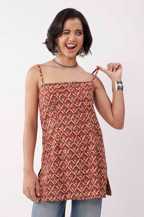 Rust Cotton Floral Printed Lace-Up Kurti