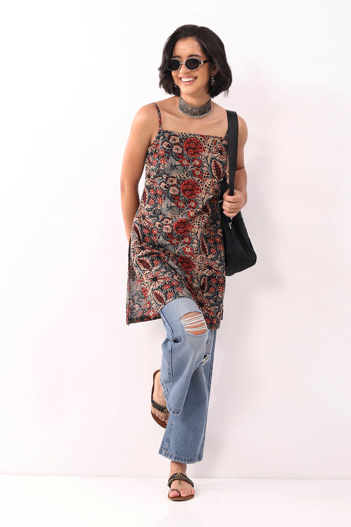 Blue & Red Cotton Floral Back Tie-Up Kurti