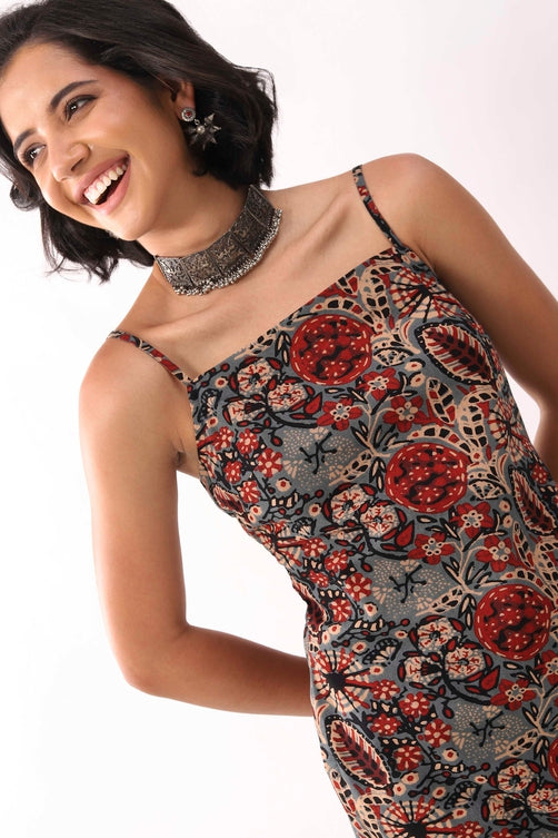 Blue & Red Cotton Floral Back Tie-Up Kurti