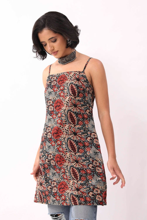 Blue & Red Cotton Floral Back Tie-Up Kurti