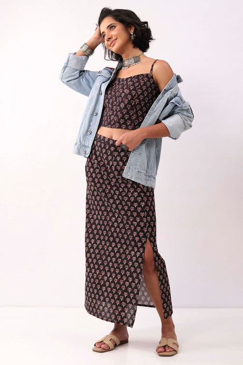 Black Cotton Floral Straight Maxi Skirt