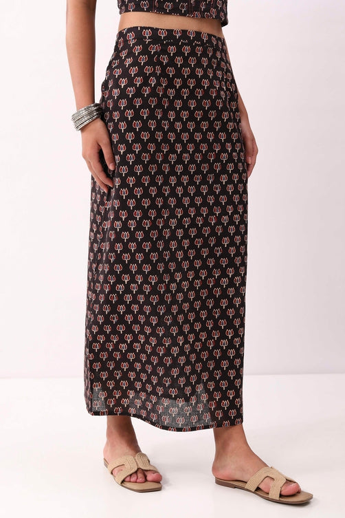 Black Cotton Floral Straight Maxi Skirt