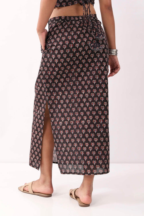Black Cotton Floral Straight Maxi Skirt