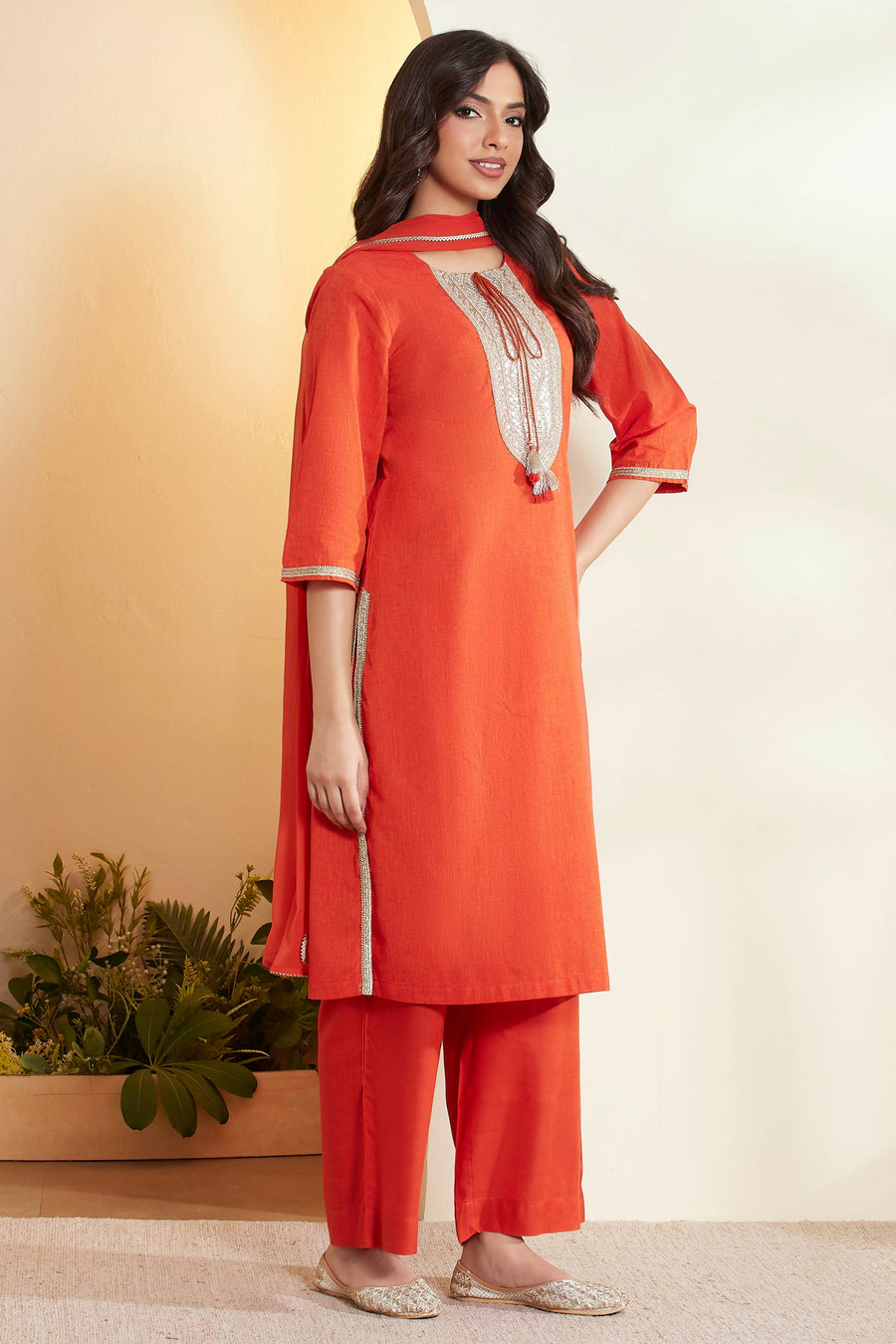 Rust Cotton Yoke Design Straight Kurta Set