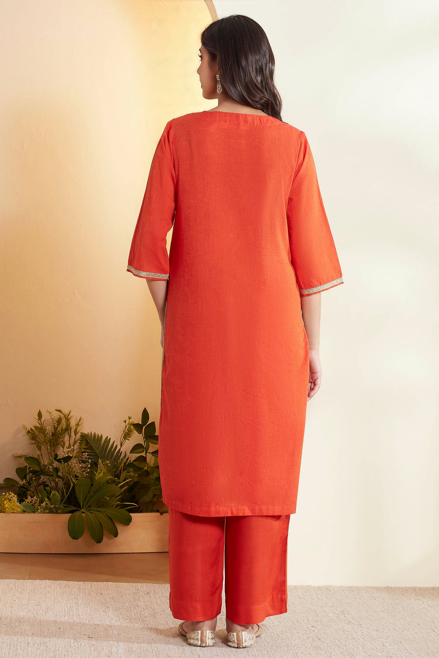 Rust Cotton Yoke Design Straight Kurta Set