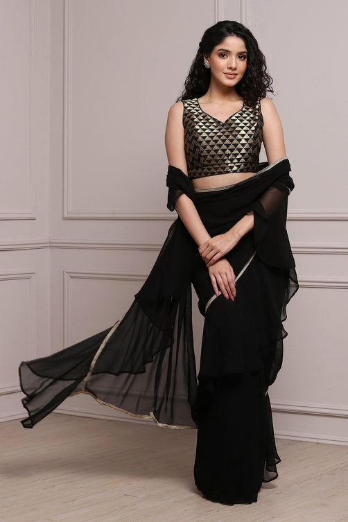 Black Art Silk Pre-draped Saree