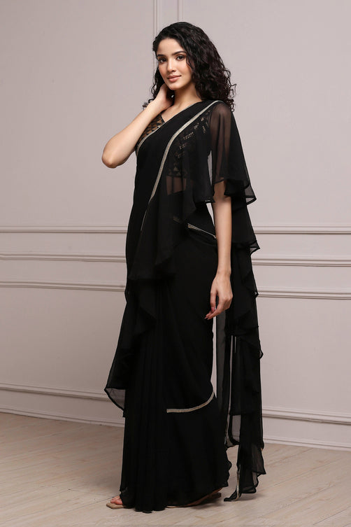 Black Art Silk Pre-draped Saree