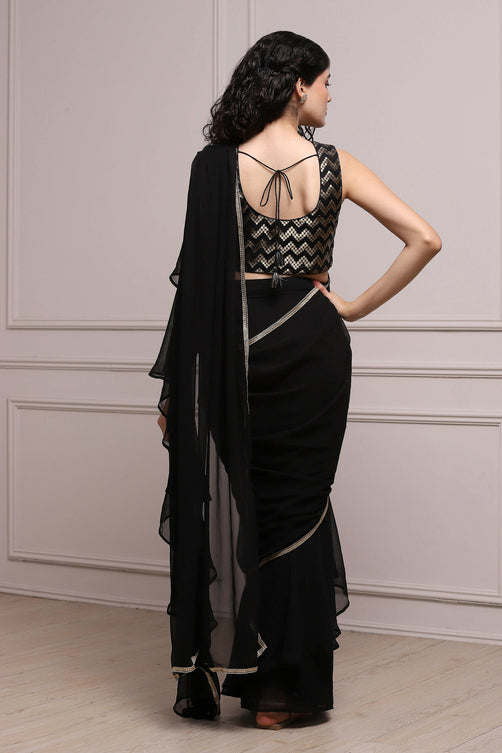 Black Art Silk Pre-draped Saree