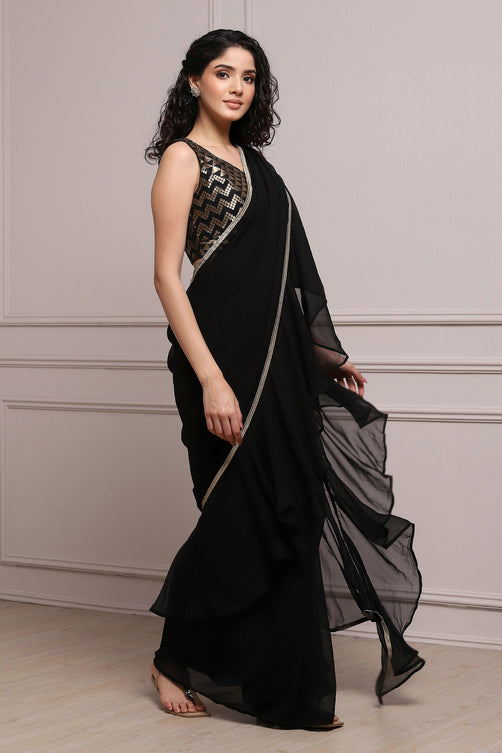 Black Art Silk Pre-draped Saree