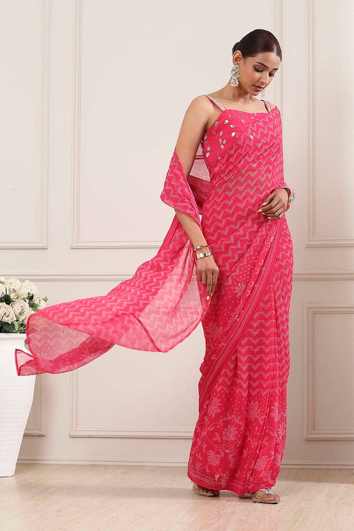 Pink Poly Georgette Printed Saree With Blouse