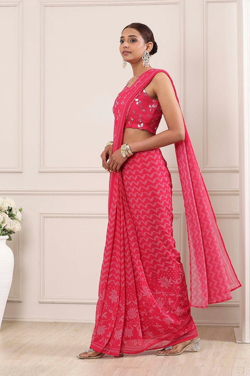 Pink Poly Georgette Printed Saree With Blouse
