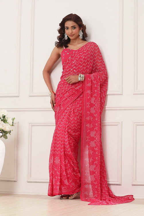 Pink Poly Georgette Printed Saree With Blouse