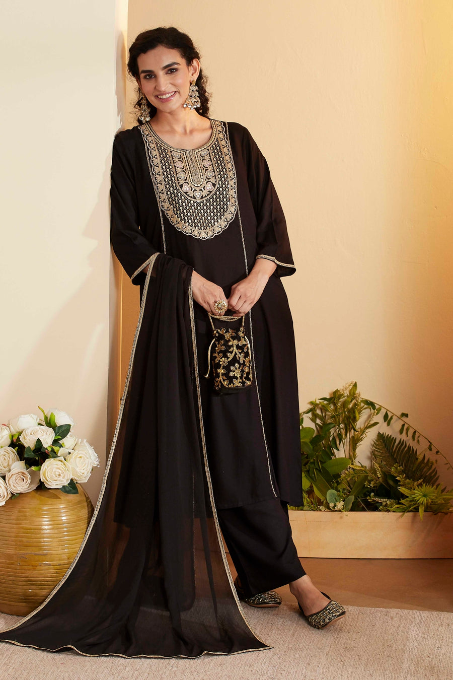 Black Viscose Rayon Yoke Design Straight Kurta Set
