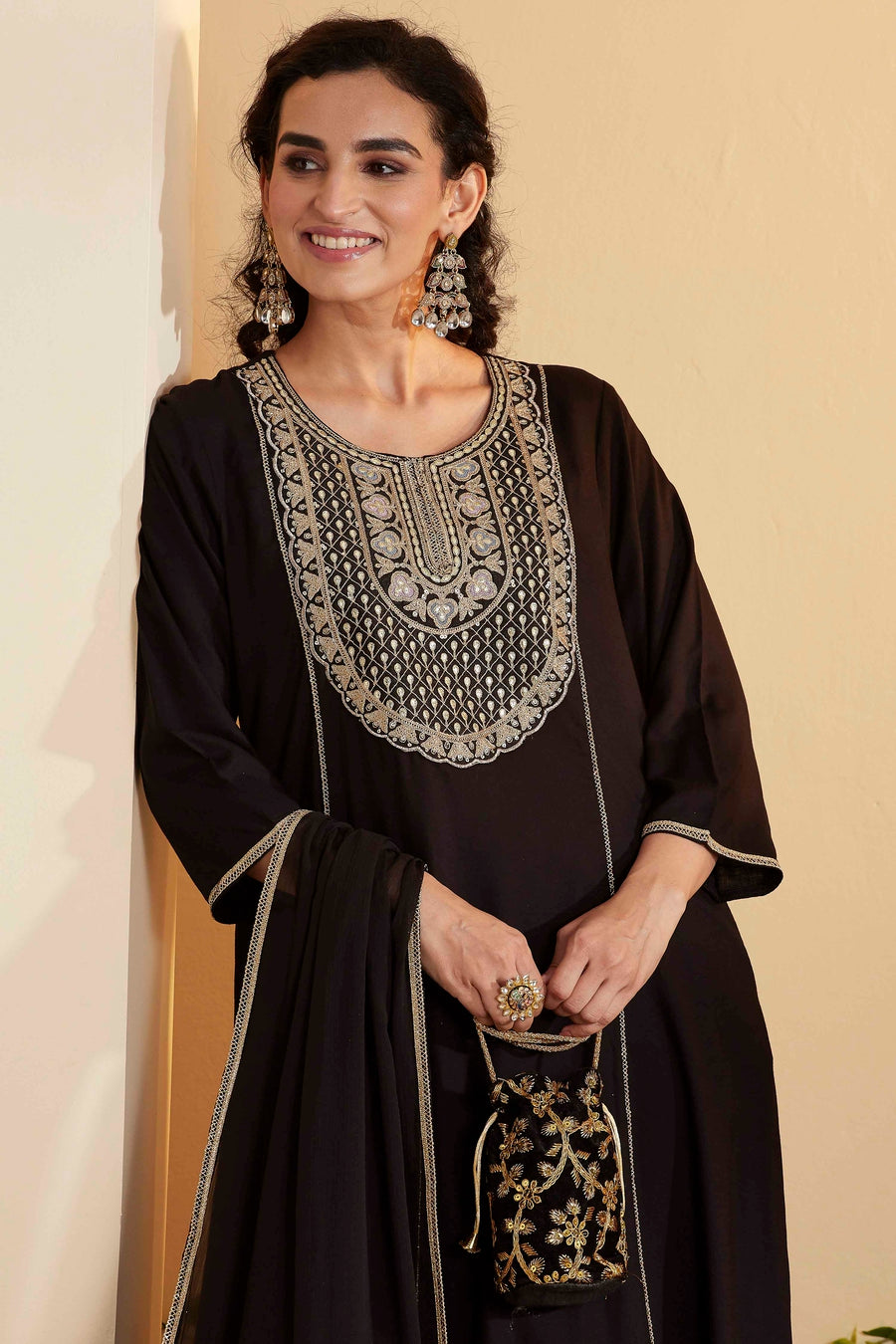 Black Viscose Rayon Yoke Design Straight Kurta Set
