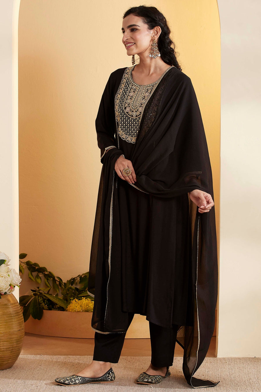 Black Viscose Rayon Yoke Design Straight Kurta Set