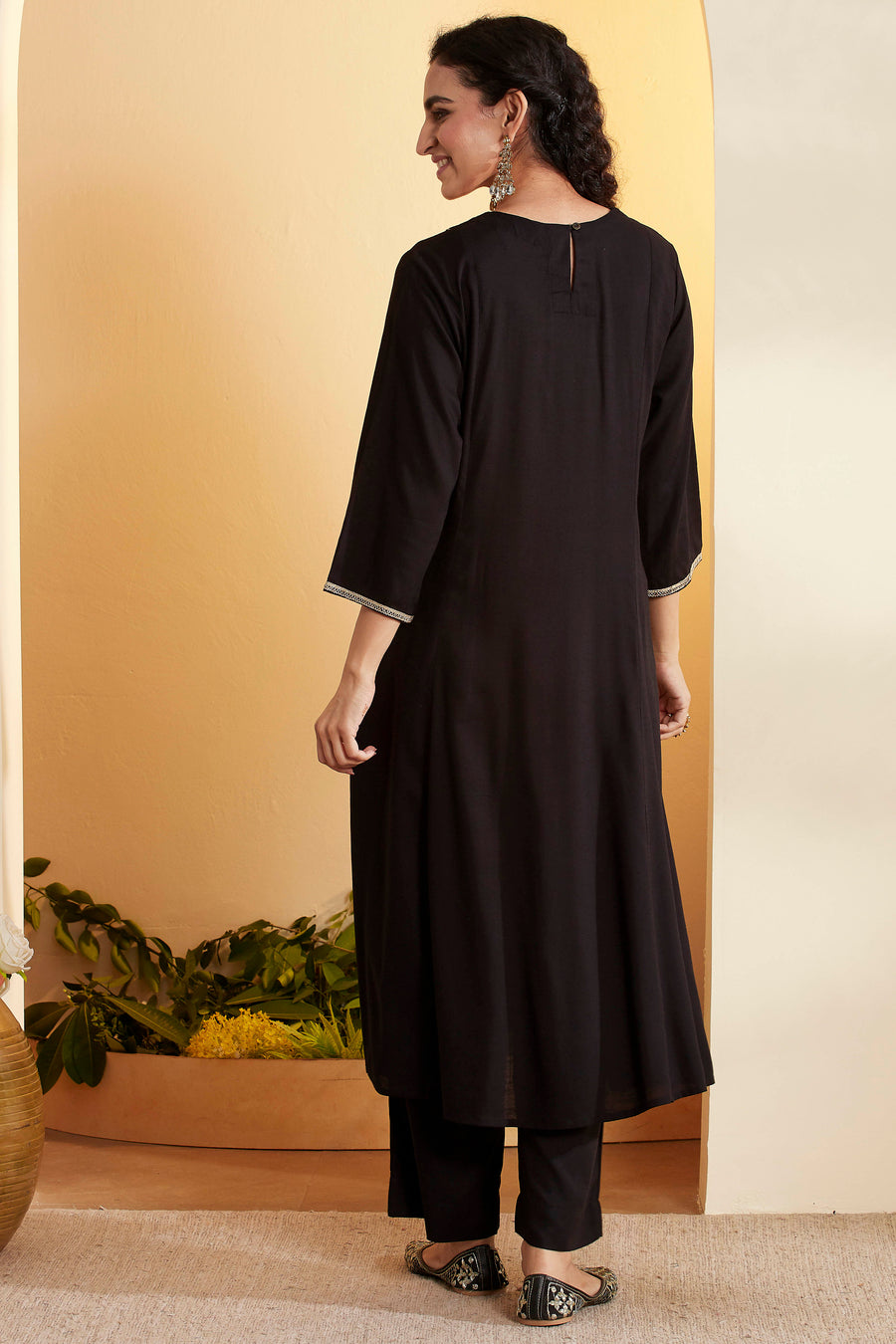 Black Viscose Rayon Yoke Design Straight Kurta Set