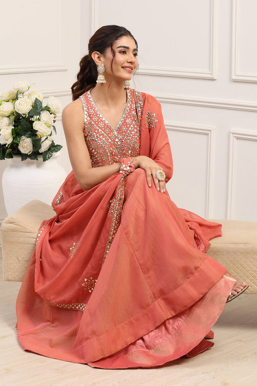 Coral Pink Poly Tissue Mirror Work Anarkali Dress With Dupatta
