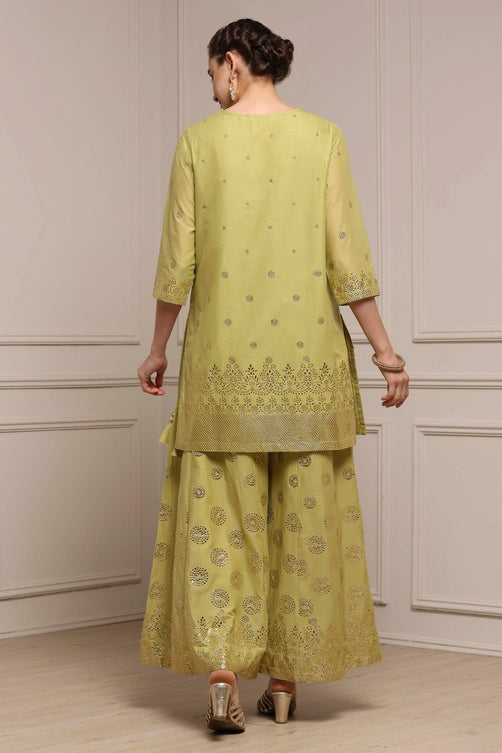 Green Cotton Metallic Pattern Sharara Suit Set