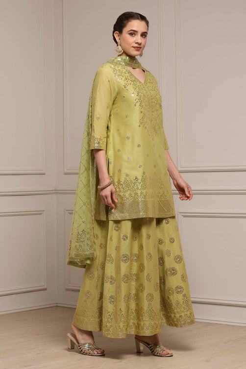 Green Cotton Metallic Pattern Sharara Suit Set