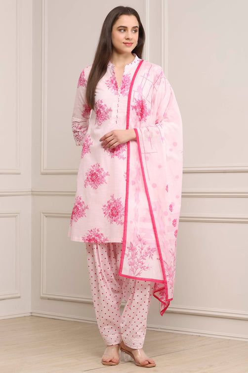 Pink Cotton Printed Straight Salwar Suit Set