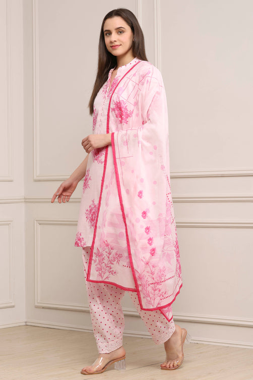 Pink Cotton Printed Straight Salwar Suit Set