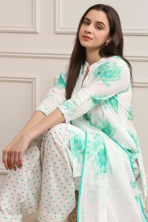 Sea Green and White Cotton Printed Straight Salwar Suit Set