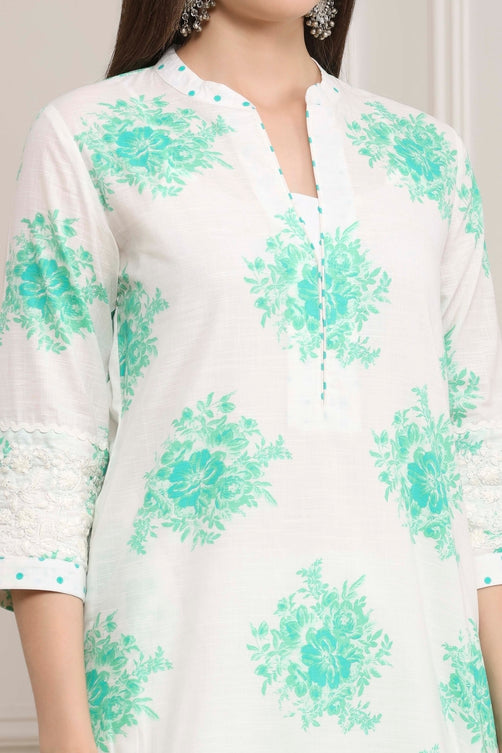 Sea Green and White Cotton Printed Straight Salwar Suit Set