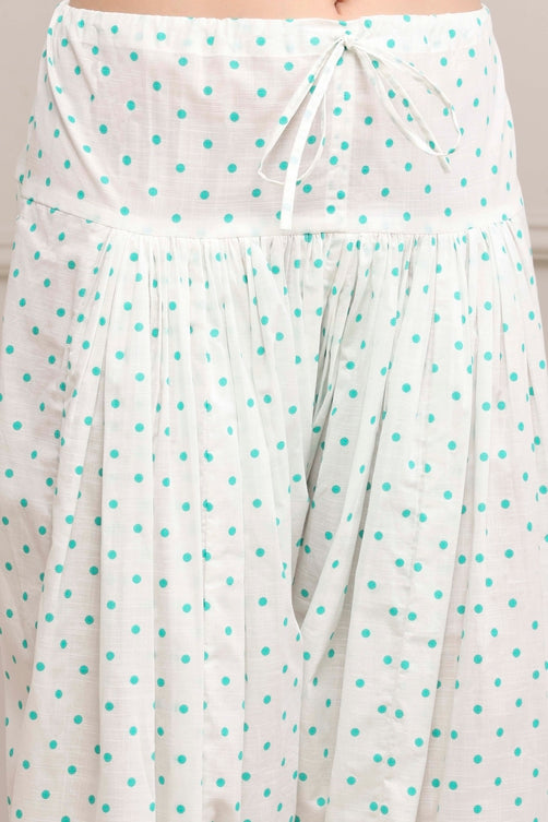 Sea Green and White Cotton Printed Straight Salwar Suit Set