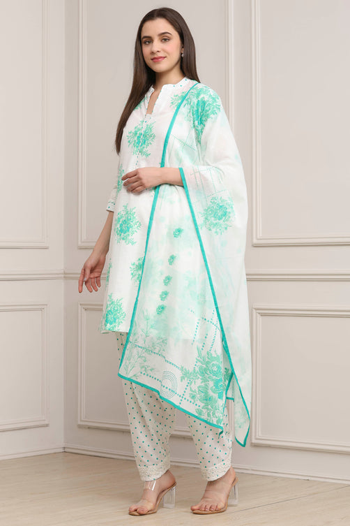 Sea Green and White Cotton Printed Straight Salwar Suit Set