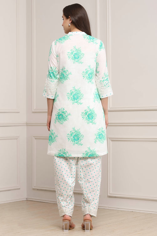 Sea Green and White Cotton Printed Straight Salwar Suit Set