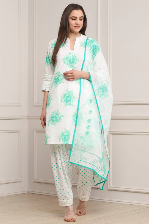 Sea Green and White Cotton Printed Straight Salwar Suit Set
