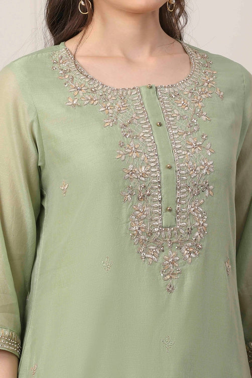 Green Poly Chanderi Sequin Embroidered Straight Suit Set