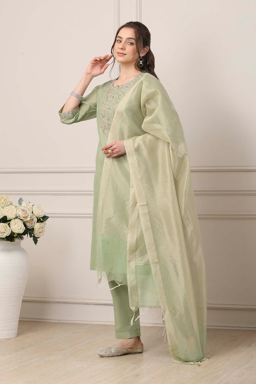 Green Poly Chanderi Sequin Embroidered Straight Suit Set