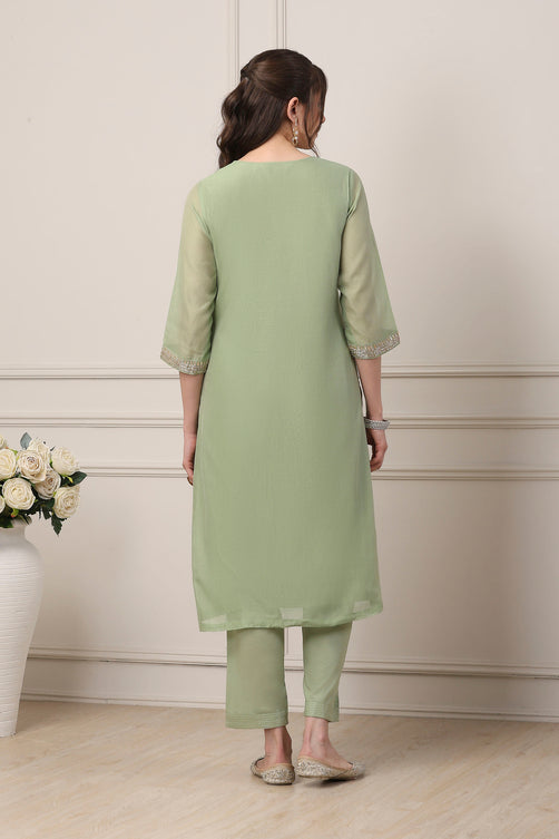 Green Poly Chanderi Sequin Embroidered Straight Suit Set