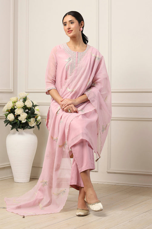 Pink Poly Chanderi Embroidered Straight Suit Set