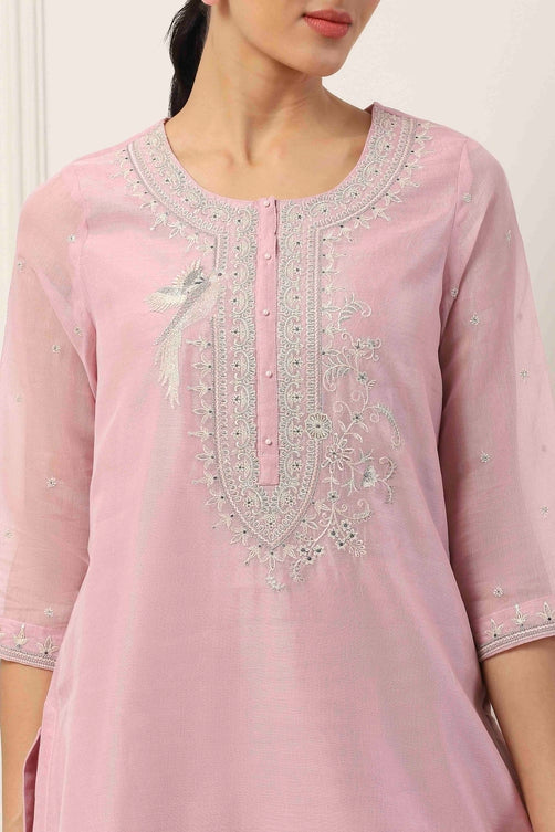 Pink Poly Chanderi Embroidered Straight Suit Set