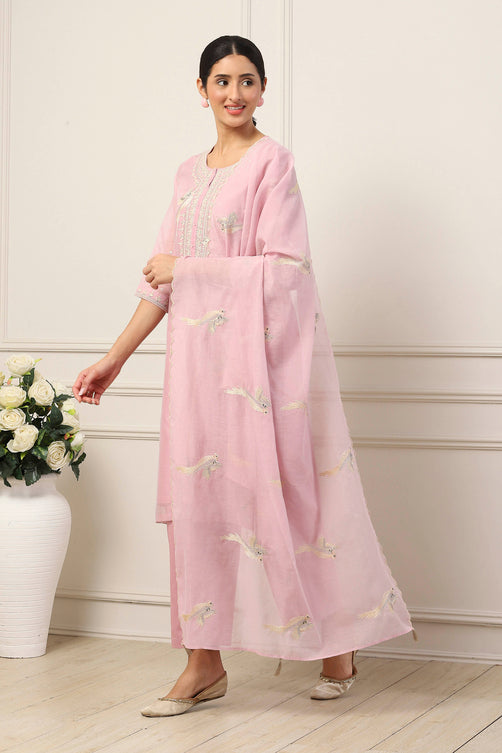 Pink Poly Chanderi Embroidered Straight Suit Set