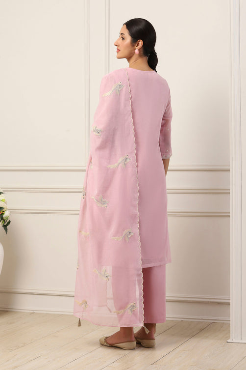 Pink Poly Chanderi Embroidered Straight Suit Set