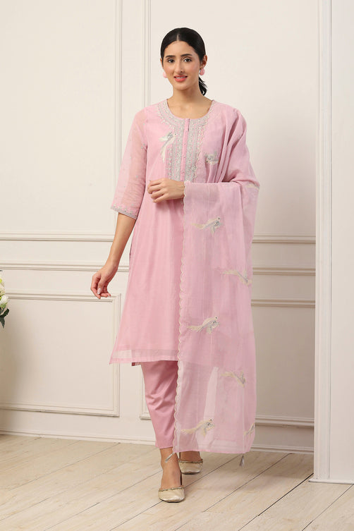 Pink Poly Chanderi Embroidered Straight Suit Set