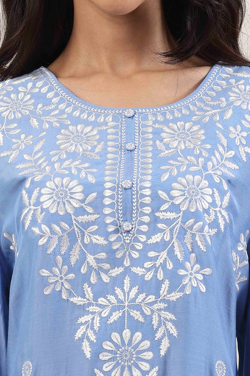 Blue Poly Viscose Floral Embroidered Straight Suit Set