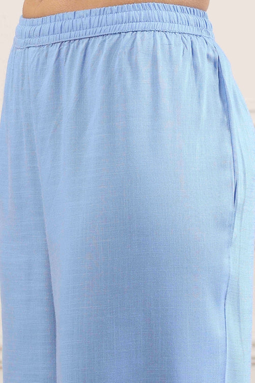 Blue Poly Viscose Floral Embroidered Straight Suit Set