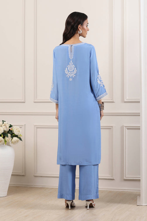 Blue Poly Viscose Floral Embroidered Straight Suit Set