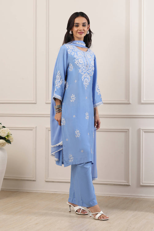 Blue Poly Viscose Floral Embroidered Straight Suit Set