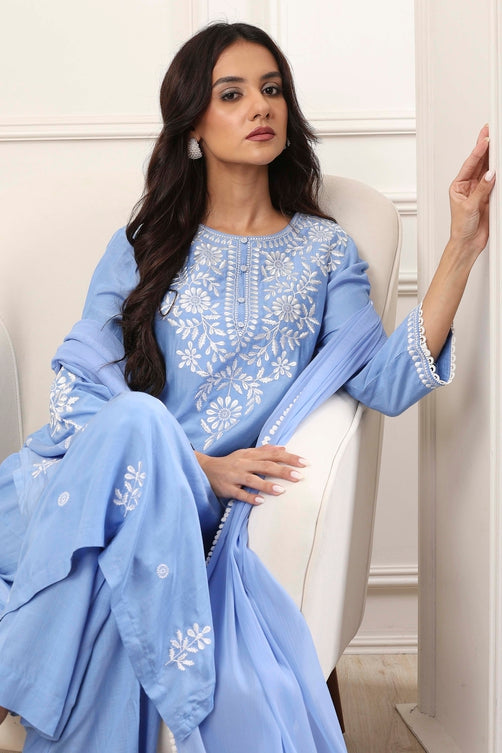 Blue Poly Viscose Floral Embroidered Straight Suit Set