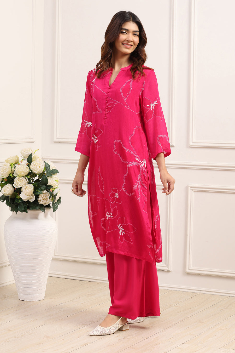 Pink Chinon Floral A-Line Kurta Set