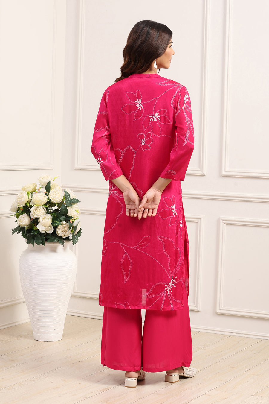 Pink Chinon Floral A-Line Kurta Set