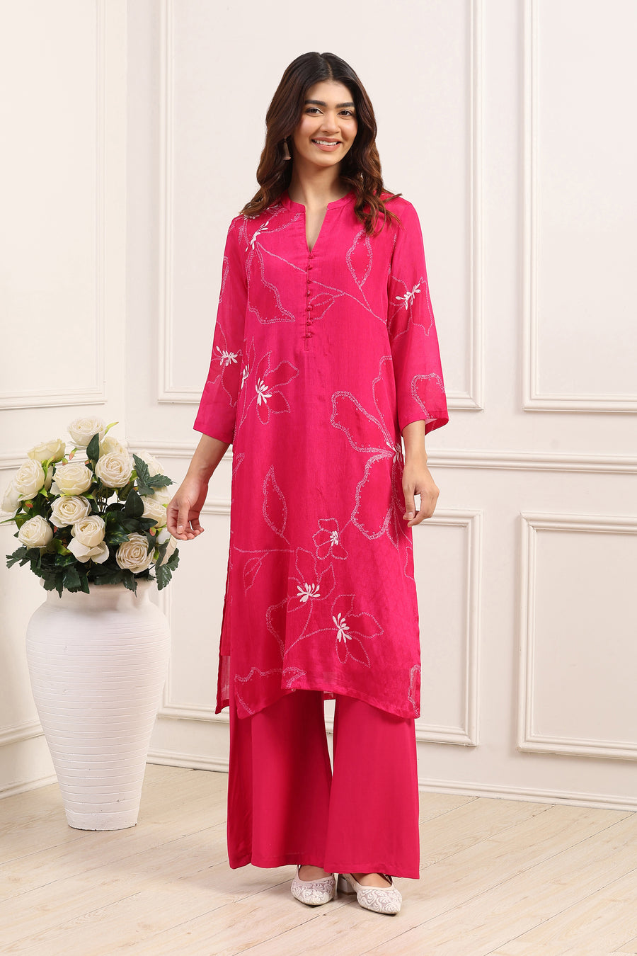 Pink Chinon Floral A-Line Kurta Set