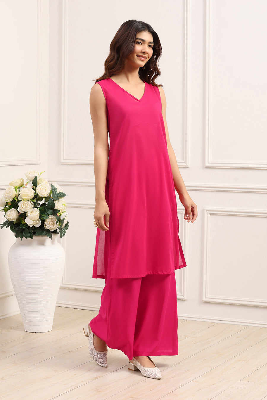 Pink Chinon Floral A-Line Kurta Set