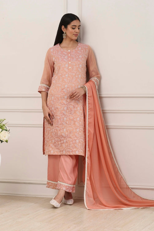 Peach Zari Cotton Thread Embroidered Straight Suit Set