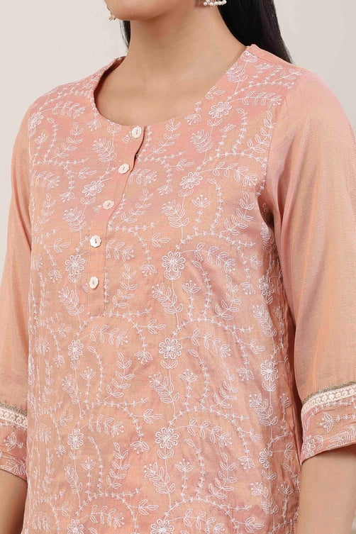 Peach Zari Cotton Thread Embroidered Straight Suit Set